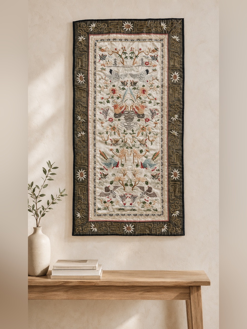 Vintage Chinese Silk Embroidered Bird & Floral Wall Hanging